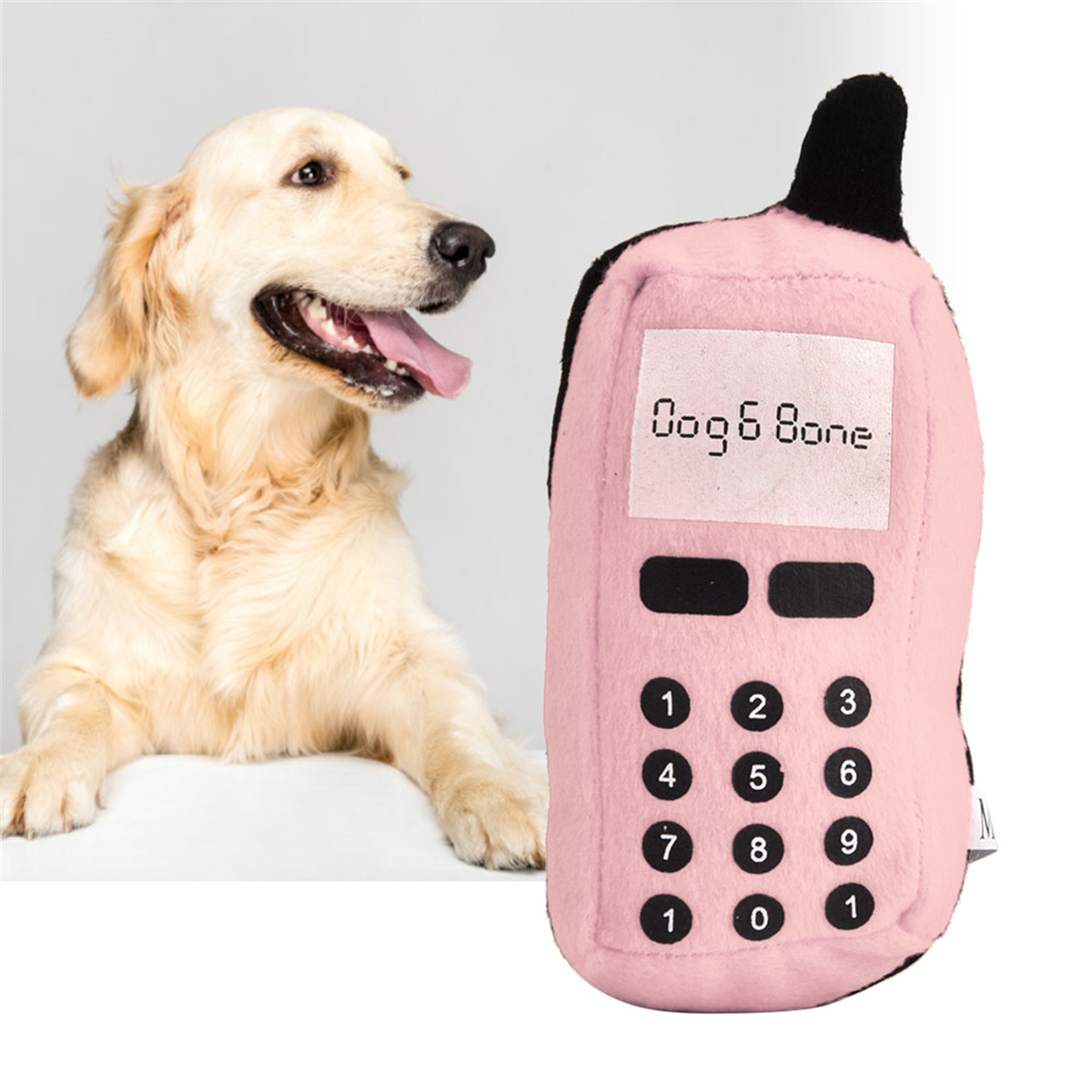 Golden Retriever Hund neben einem rosa Spielzeugtelefon mit schwarzen Knöpfen und Text.