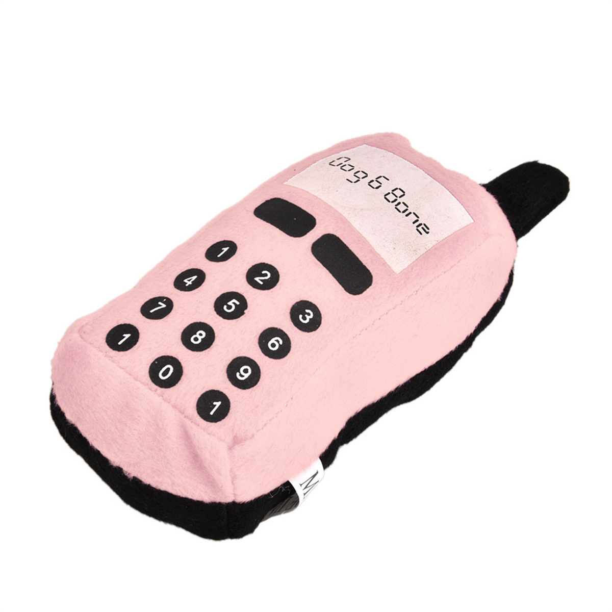 Rosa Hundespielzeug in Form eines Telefons mit schwarzen Knöpfen und den Worten 'Bags & Bone'.