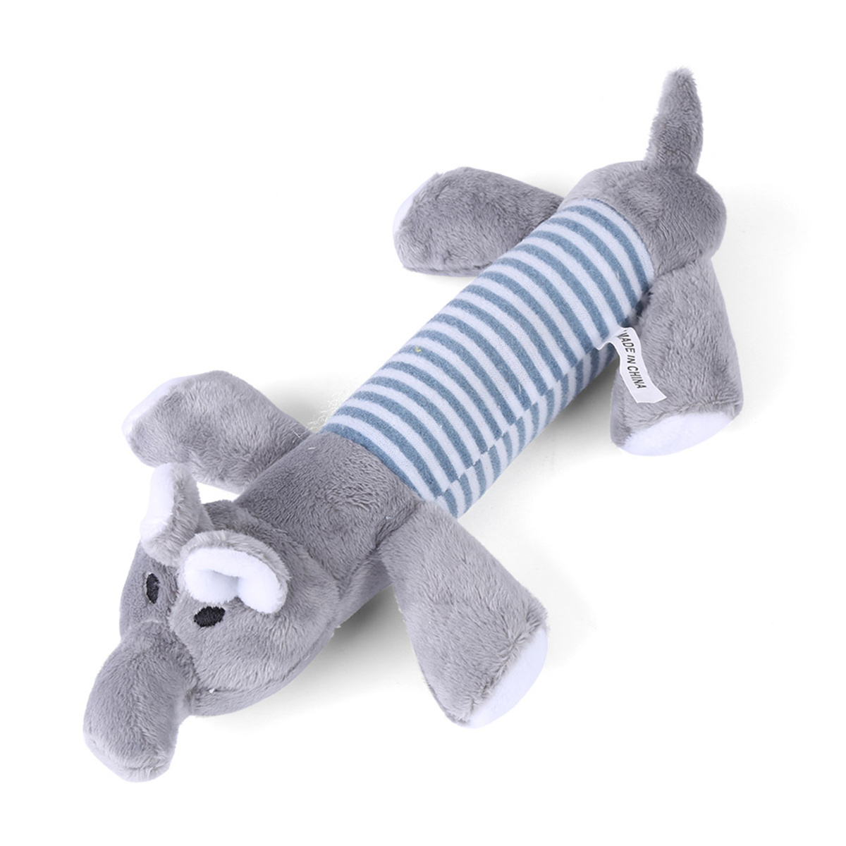 Graues Elefanten-Hundespielzeug mit blau gestreiftem Körper.