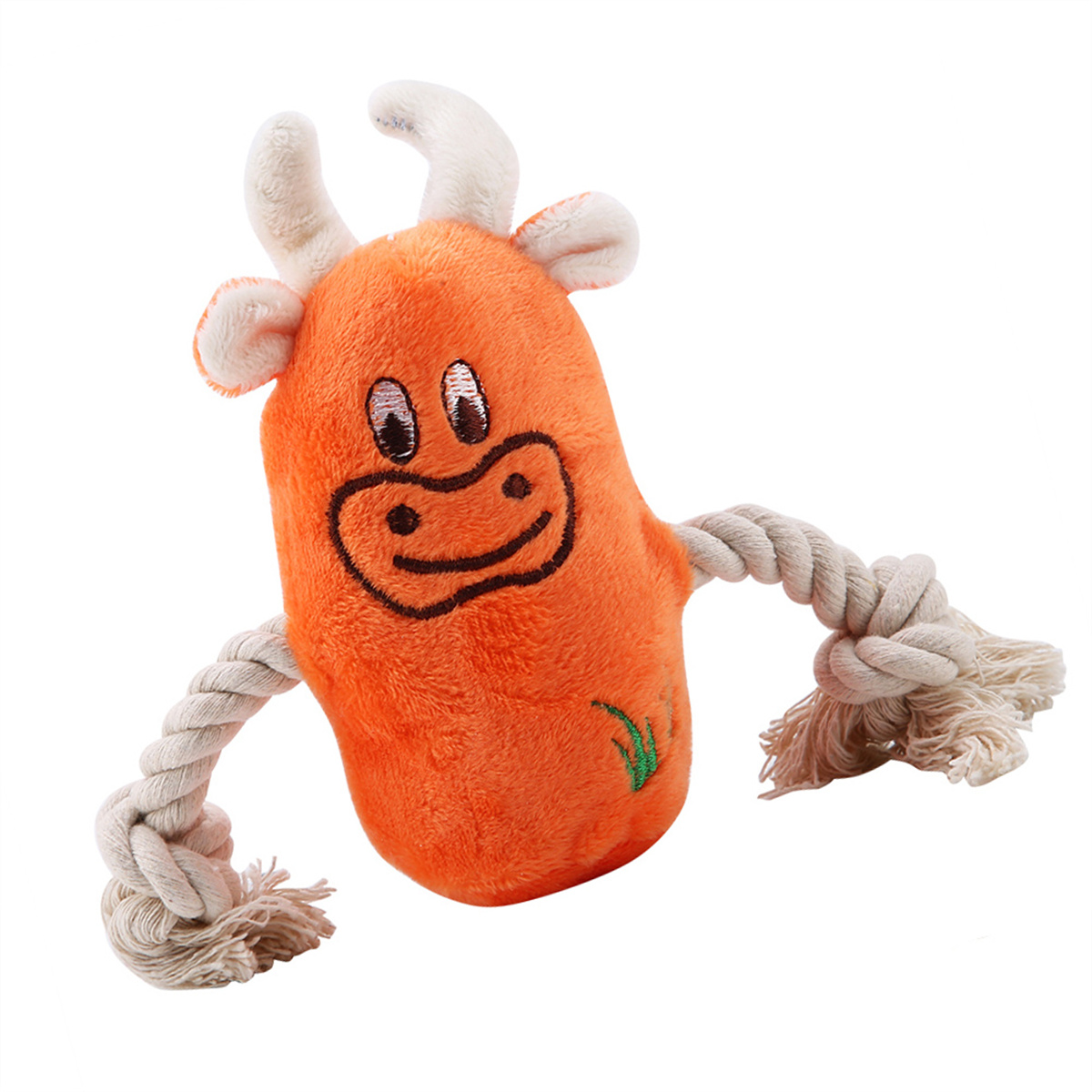 Orangenes, kuhförmiges Hundespielzeug mit weißen Seilarmen und einem fröhlichen Gesicht.