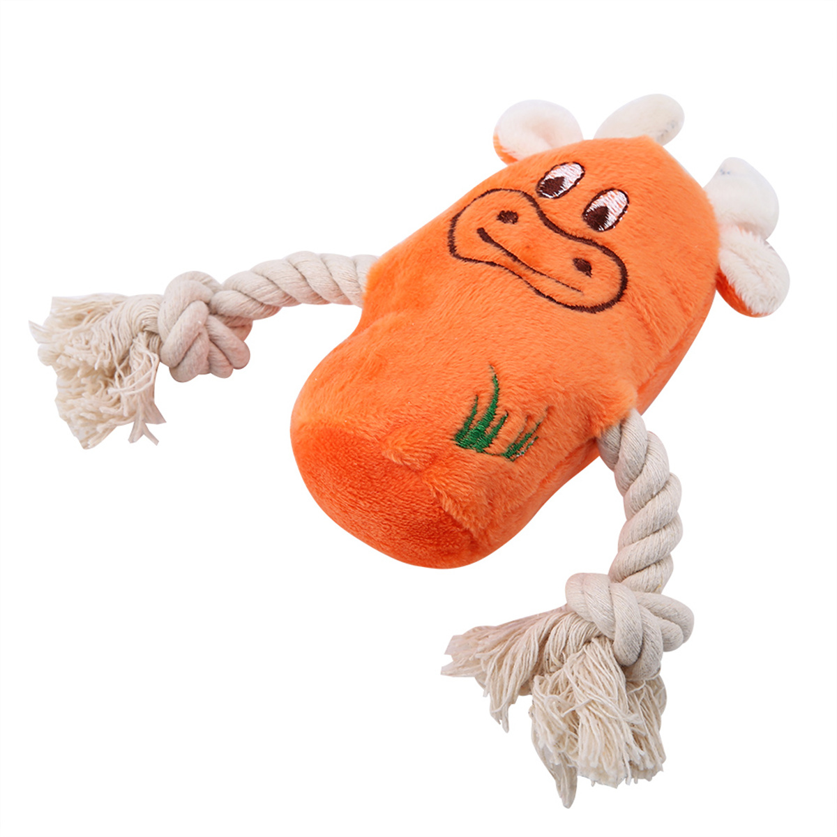 Orangefarbenes Hundespielzeug in Form einer Kuh mit weißen Seilarmen.
