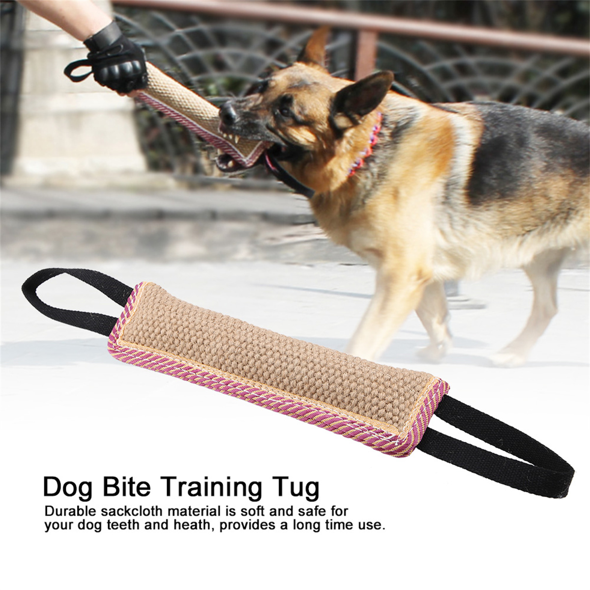 Ein beiges und rosa Zerrspielzeug wird von einer behandschuhten Hand gehalten, im Hintergrund ein Deutscher Schäferhund.