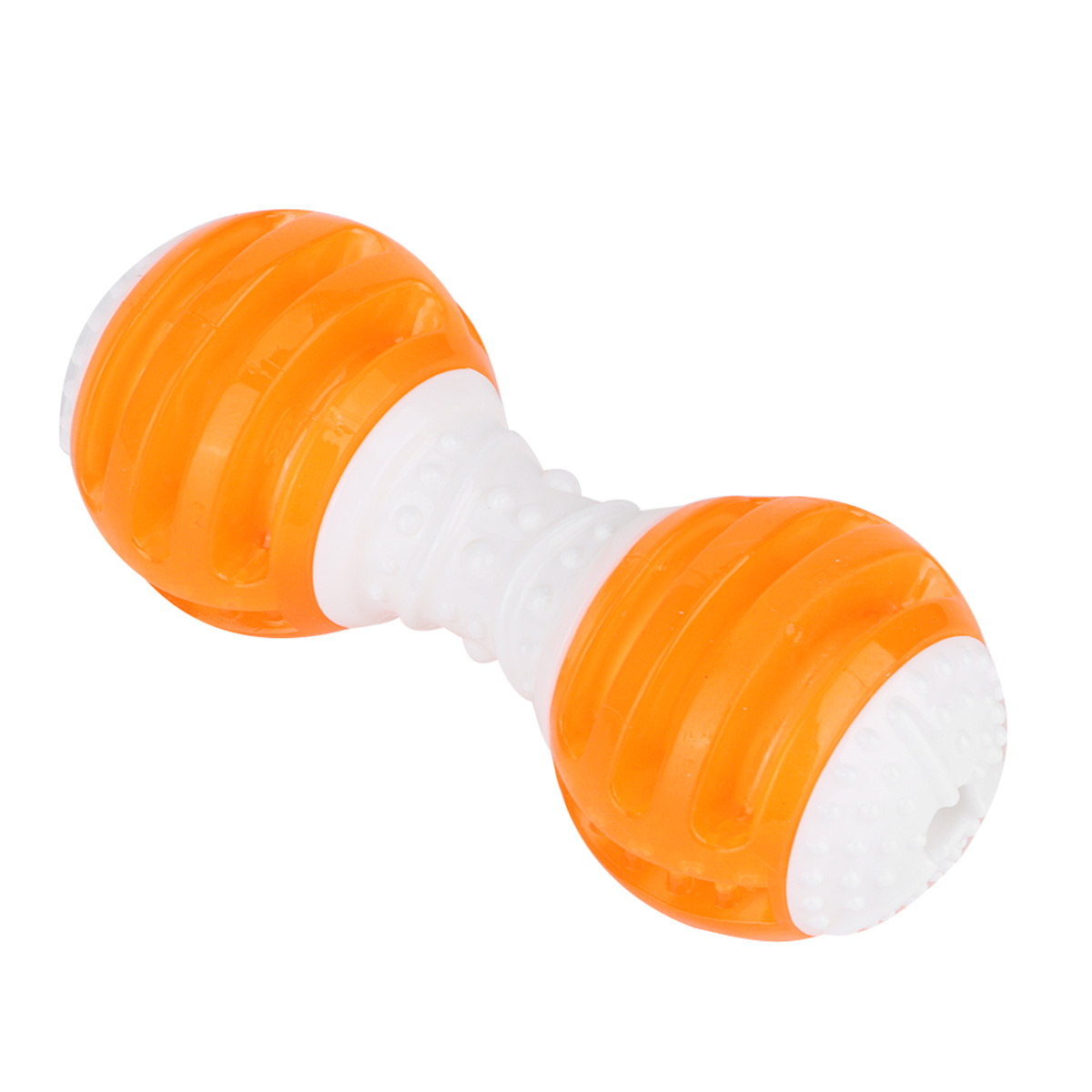Ein weiß-oranges Hundespielzeug in Form einer Hantel auf weißem Grund.