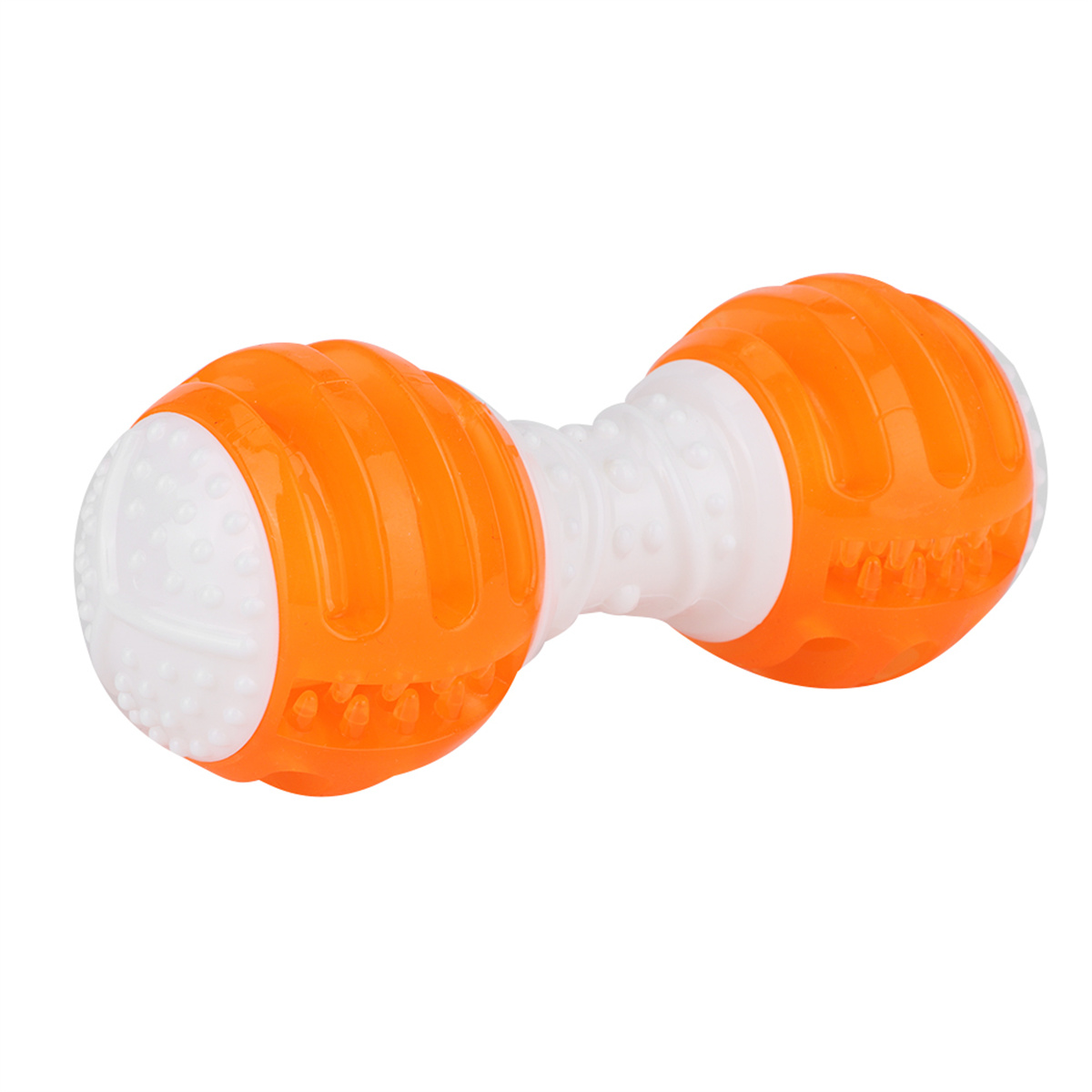 Orangenes und weißes Hundespielzeug in Form einer Hantel. Hat eine strukturierte Oberfläche.
