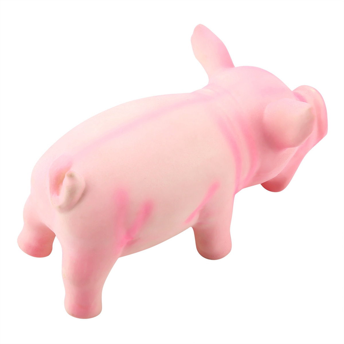 Ein rosa Schweinespielzeug wird von hinten gesehen, mit weißem Hintergrund. Das Schwein hat rosa Streifen.