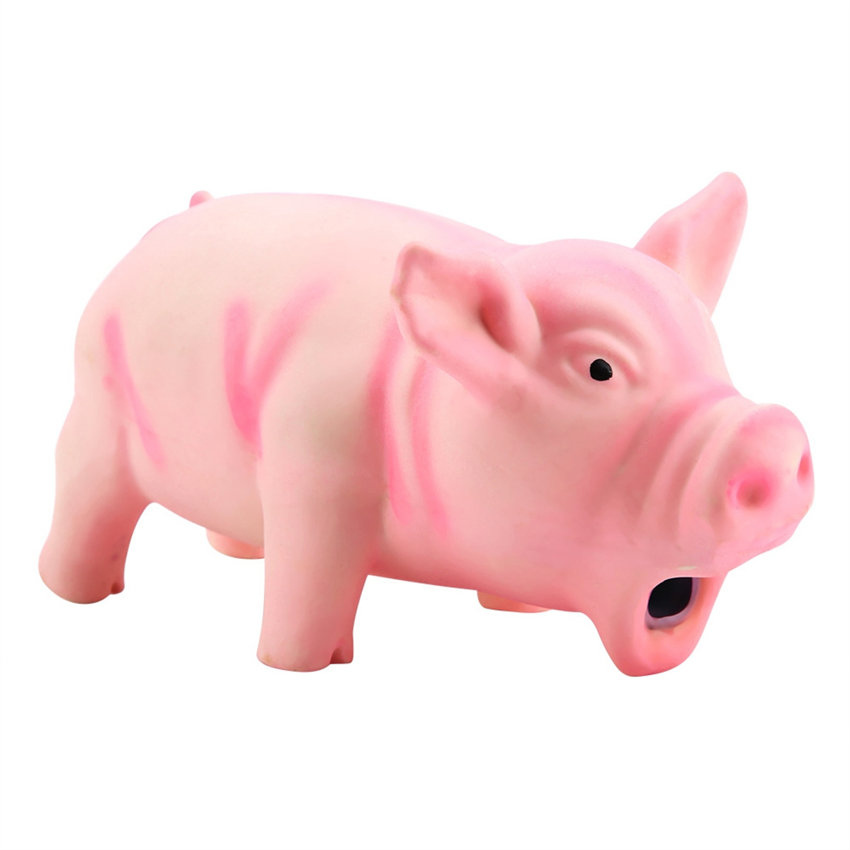 Rosa Schweinespielzeug mit offenem Mund. Einige rosa Streifen auf dem Körper. Weißer Hintergrund.