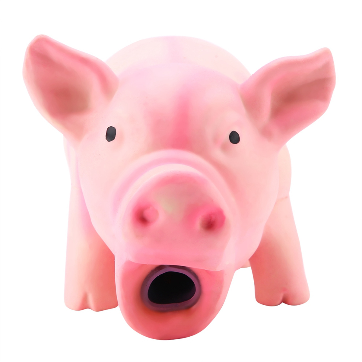 Ein rosa Schweinespielzeug mit offenem Maul. Das Schwein schaut den Betrachter an.