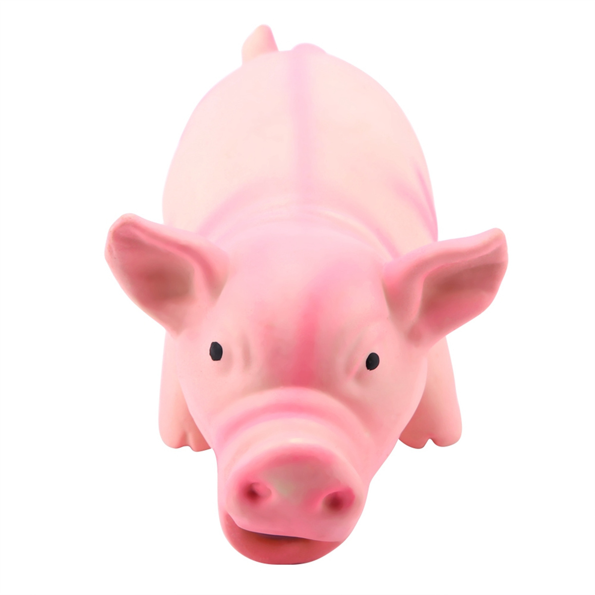 Rosa Schweinespielzeug. Das Schwein blickt nach vorne. Es hat schwarze Augen und einen geschlossenen Mund.
