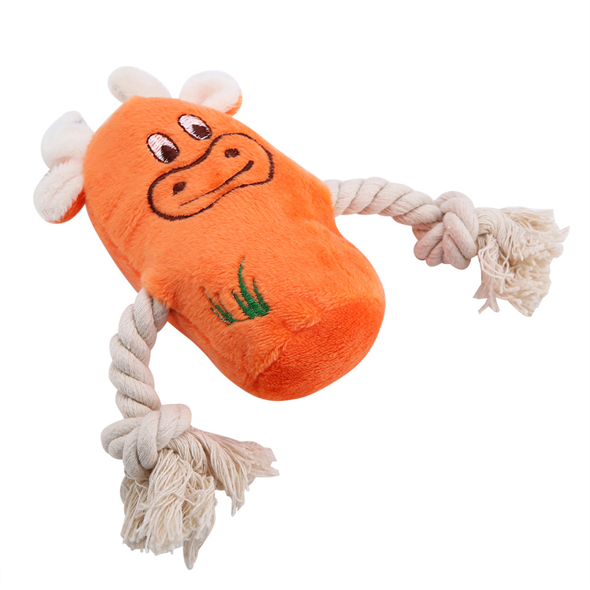 Ein orangefarbenes Plüsch-Kuhspielzeug mit weißen Seilarmen. Es hat ein Gesicht und einen kleinen grünen Fleck.