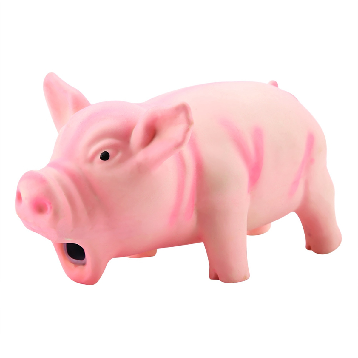 Ein rosa Schweinespielzeug mit einem schwarzen Mund. Es hat rosa Streifen und vier Beine.