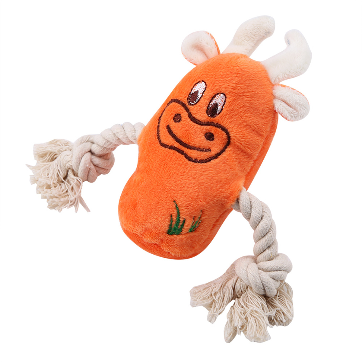 Ein orangefarbenes Plüschtier-Kuh mit weißen Hörnern und einem lächelnden Gesicht, sowie weiße Seile an den Armen befestigt.