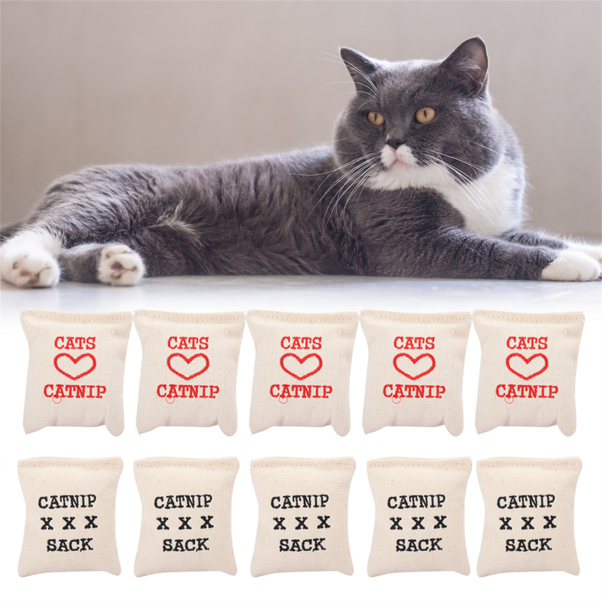 Eine graue Katze ruht in der Nähe von Katzenminze-Säcken. Die Säcke tragen die Aufschrift "CATNIP" und haben ein Herz.