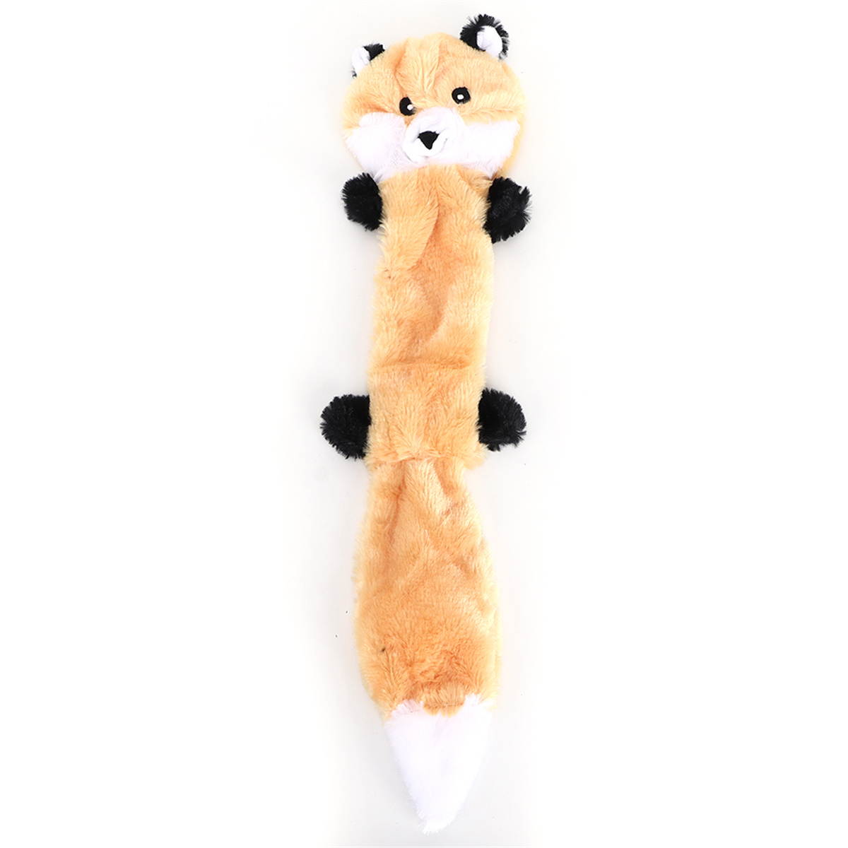 Ein Plüschfuchs in Orange und Weiß, mit schwarzen Details, liegend auf weißem Hintergrund.
