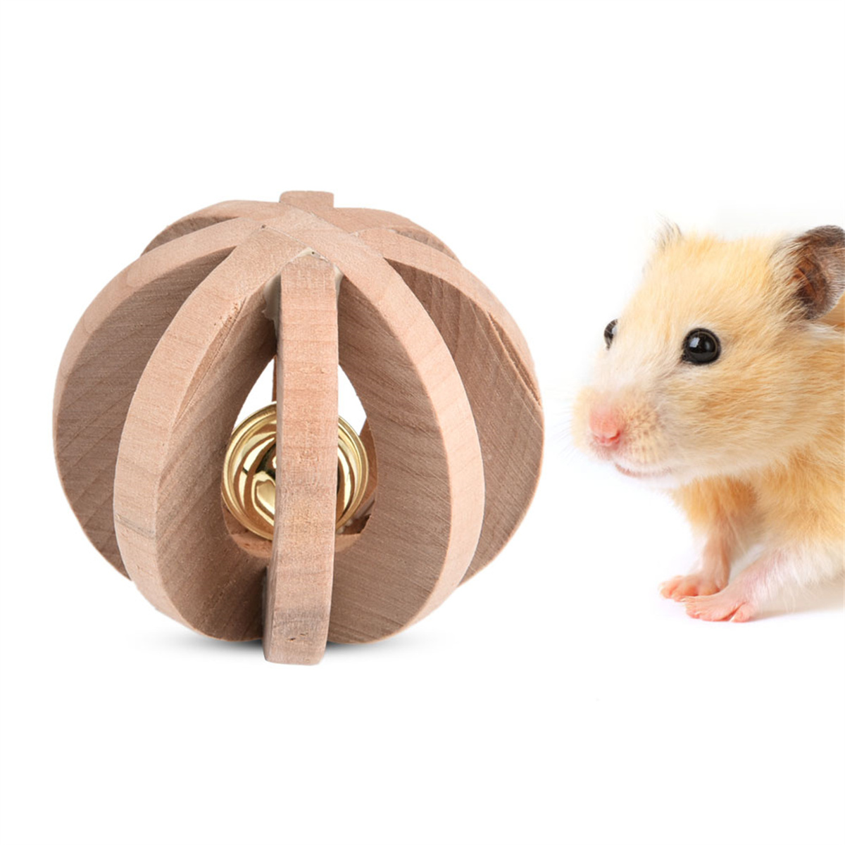 Ein Holzkugel mit einer Metallglocke darin und ein Hamster daneben auf weißem Hintergrund.
