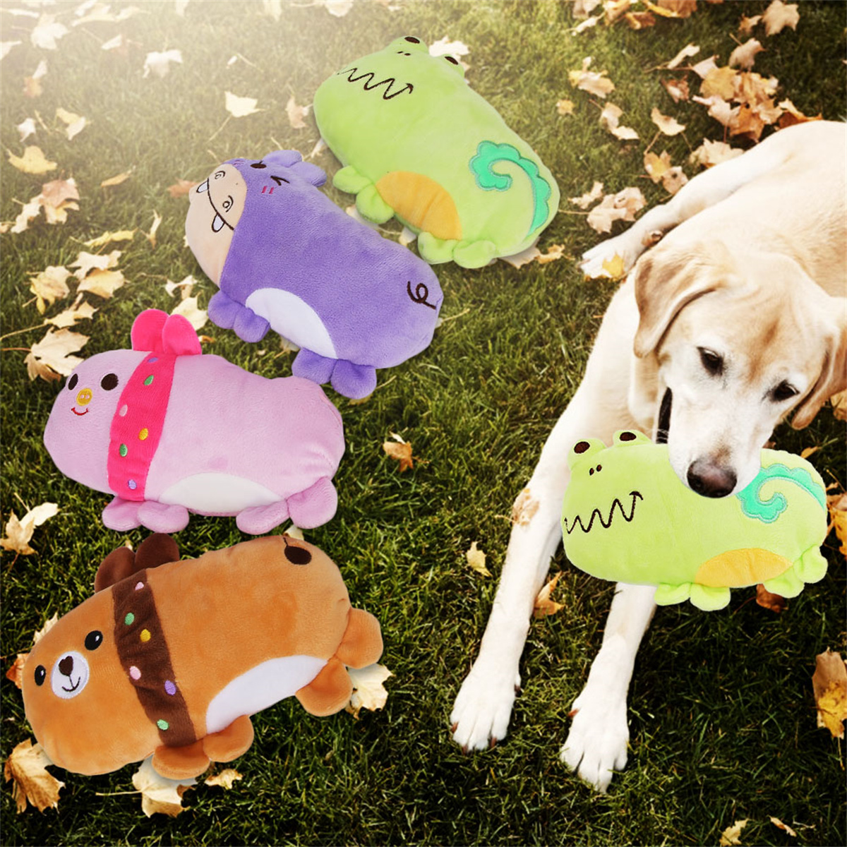 Ein Hund mit vier Plüschtieren: Frosch, Nilpferd, Schwein und Bär, auf Gras.