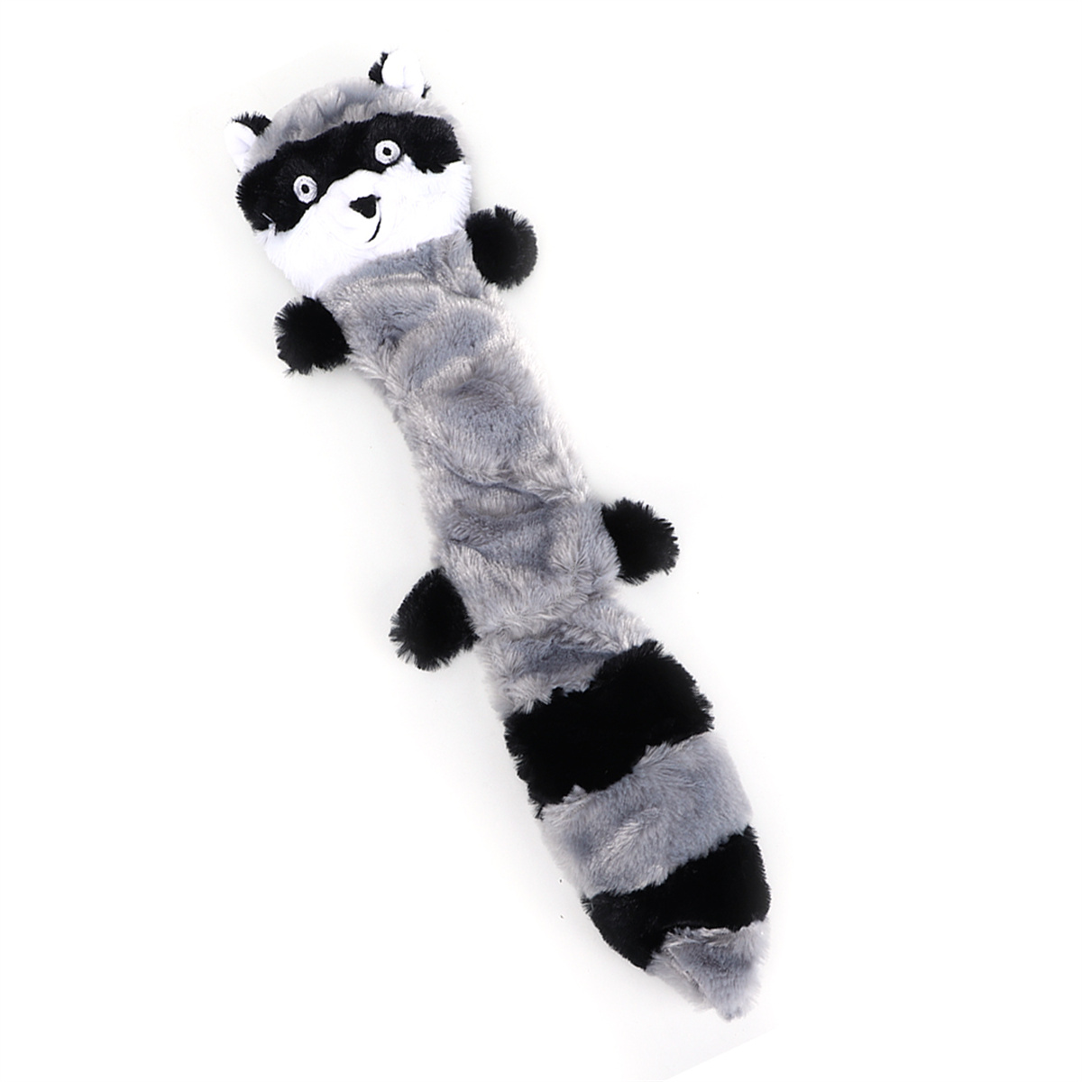 Waschbär-Hundespielzeug. Es ist ein grau-schwarzes Plüschtier mit weiß-schwarzem Gesicht.