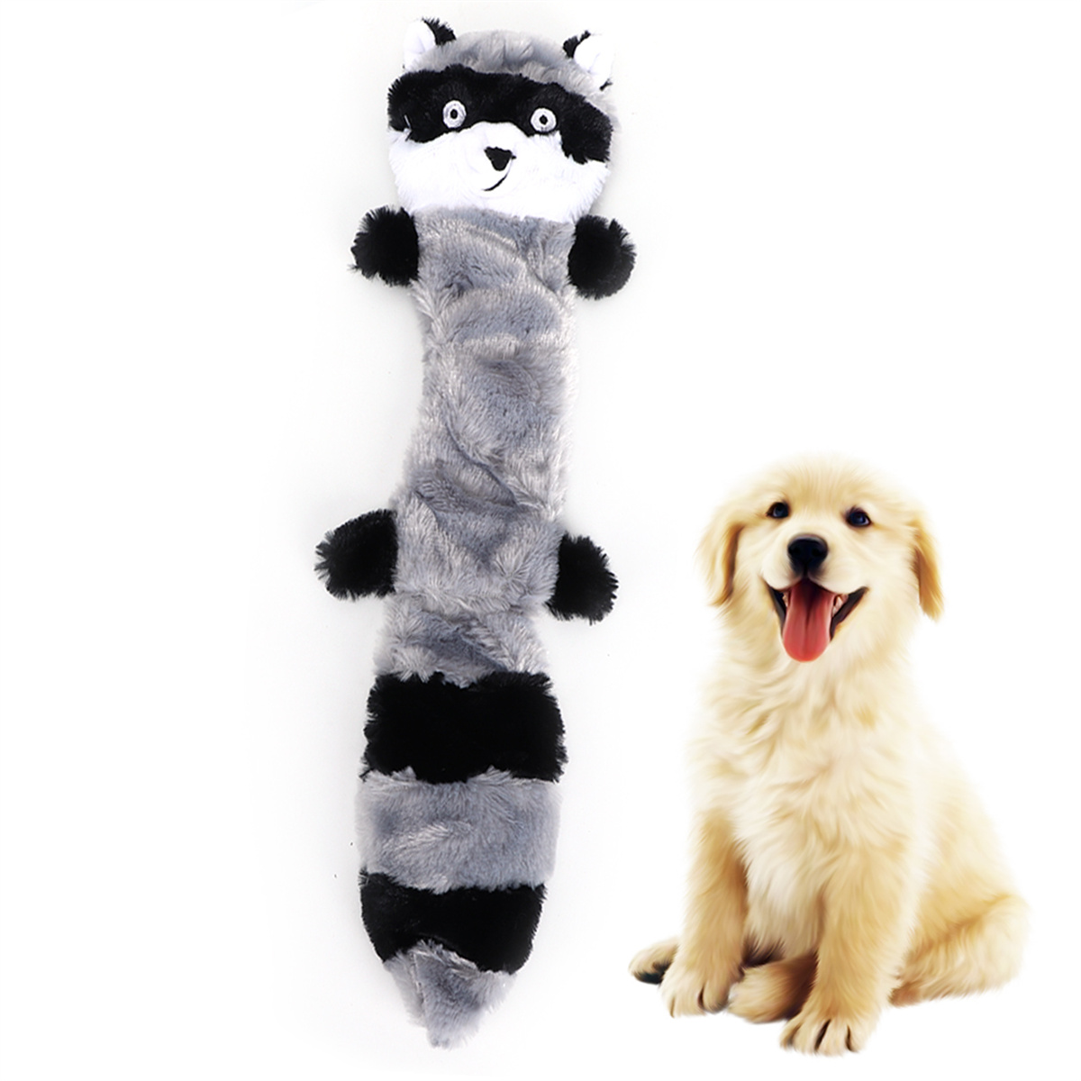 Ein Waschbär-Hundespielzeug neben einem lächelnden Golden Retriever-Welpen.