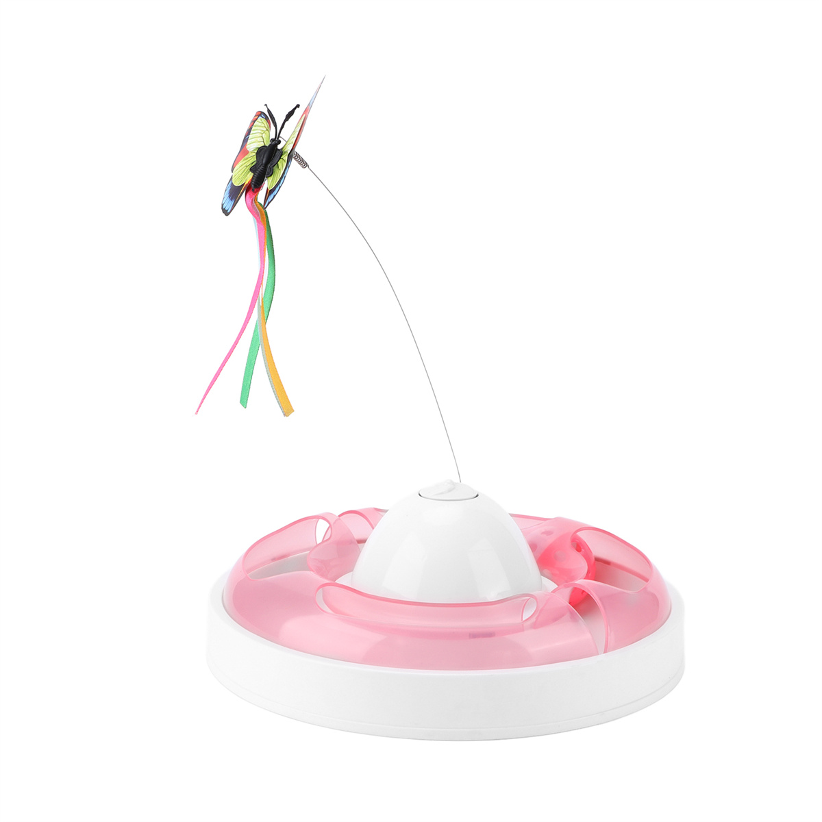 Katzenspielzeug mit einem Schmetterling an einem Draht, der sich um eine rosa Basis dreht.