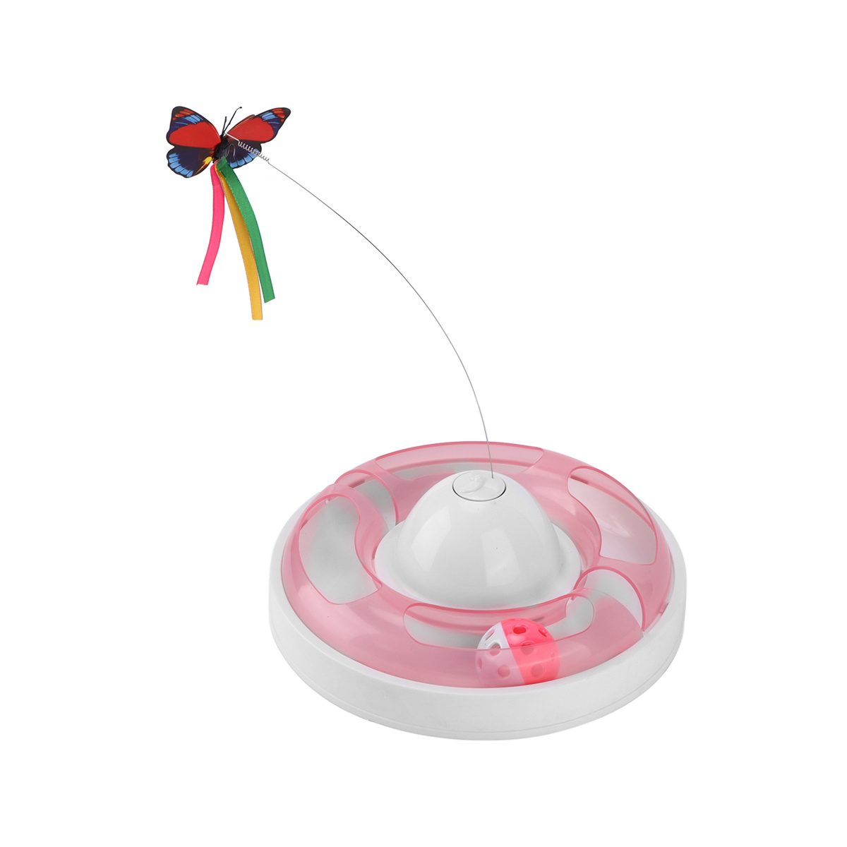 Ein rosa Katzenspielzeug mit einem Schmetterling an einem Draht und einem Ball in einer kreisförmigen Bahn.