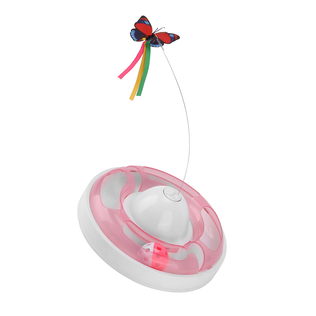 Ein Katzenspielzeug mit rosa Basis und einem Schmetterling an einem Draht. Das Spielzeug ist weiß und rosa.