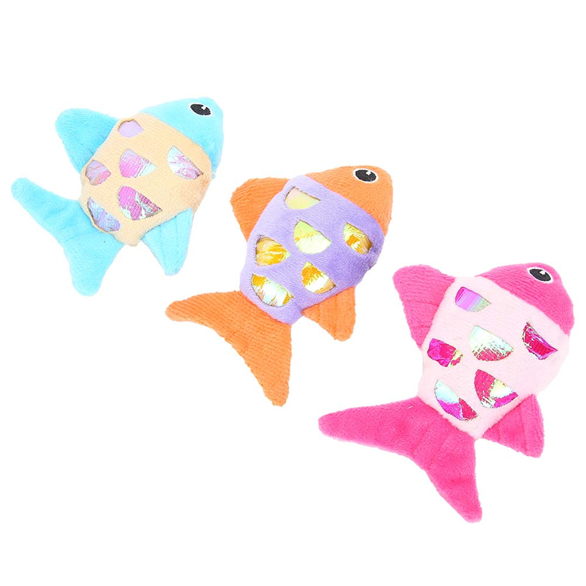 Drei Spielzeugfische in verschiedenen Farben. Einer ist blau, einer orange, einer pink.
