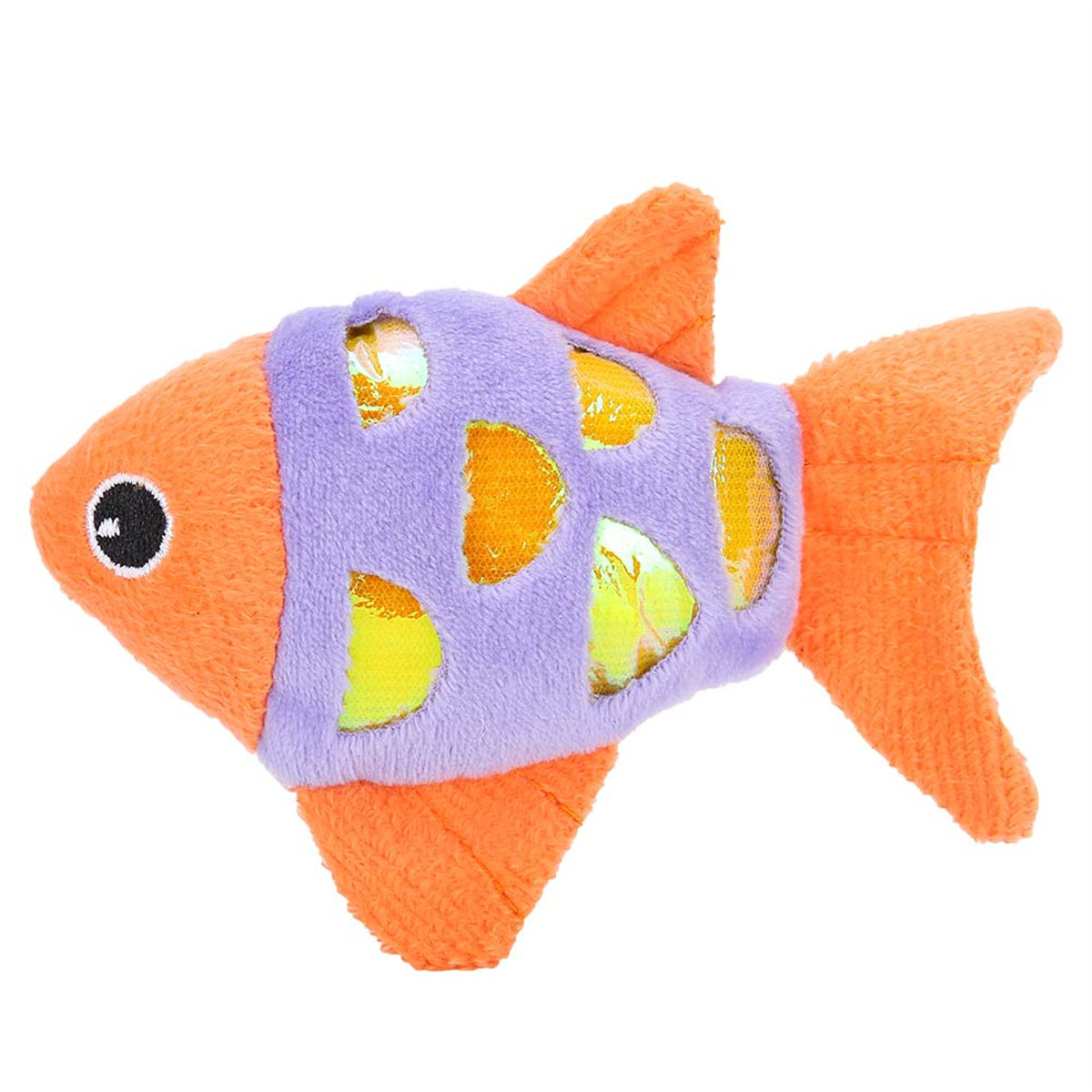 Orangefarbenes und lilafarbenes fischförmiges Hundespielzeug mit einem Auge.