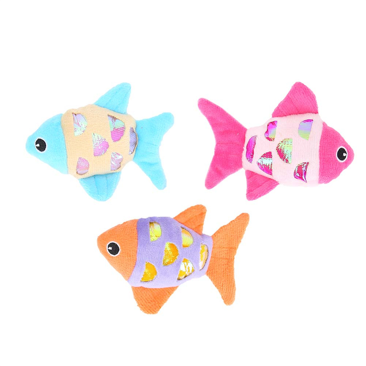 Drei bunte Fisch-Katzen-Spielzeuge auf weißem Hintergrund.