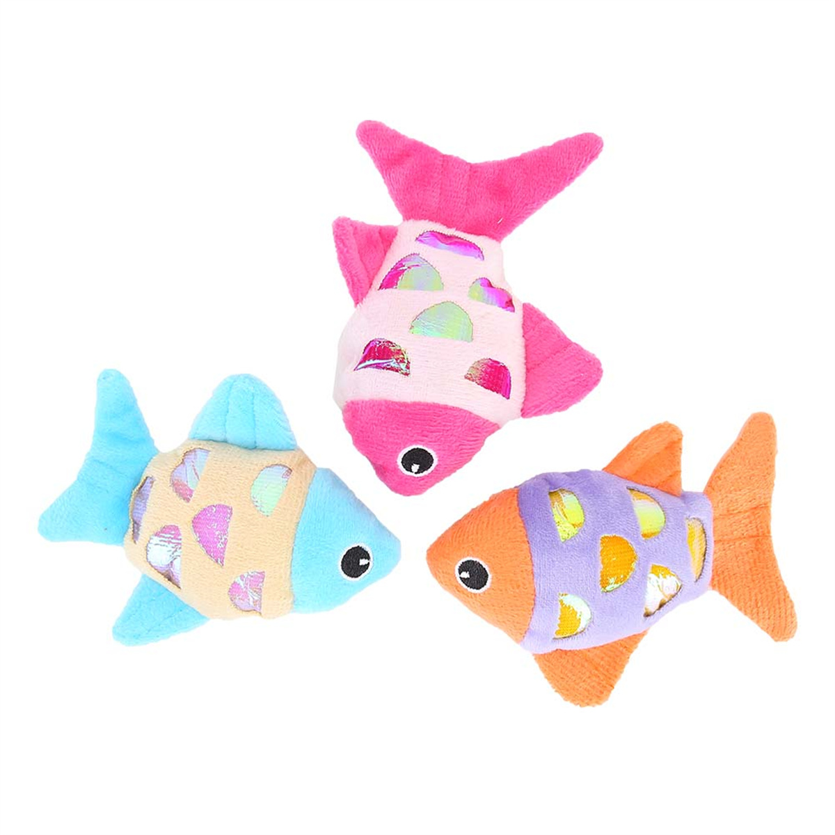Drei Plüschfischspielzeuge in Blau, Rosa und Orange mit unterschiedlichen Mustern.