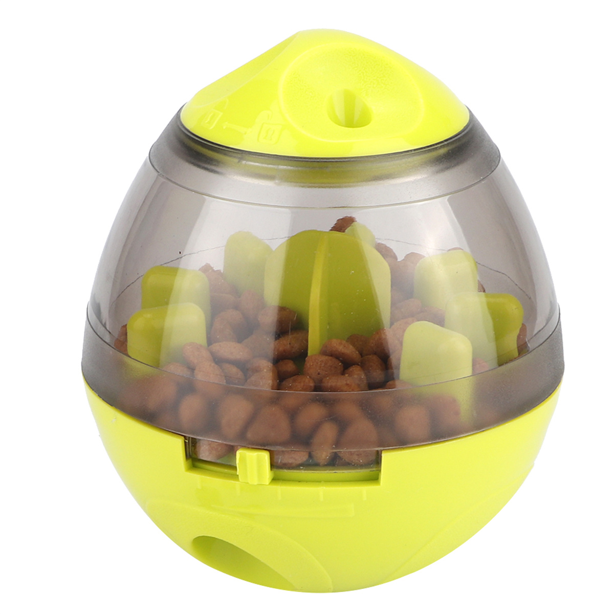 Ein gelbes und klares Hundespielzeug mit braunem Futter. Das Spielzeug ist eiförmig.