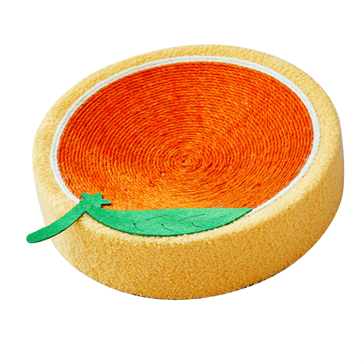Ein Katzenspielzeug in Form einer Orangenscheibe mit grünem Blatt.