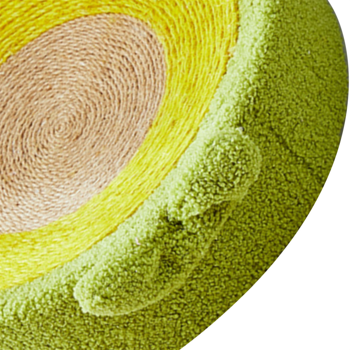 Nahaufnahme eines Avocado-Teppichs. Er hat grüne, gelbe und braune kreisförmige Muster.