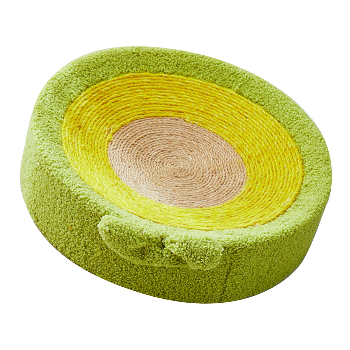 Avocado-förmiges Katzenbett, grüne Außenseite, gelbe und hellbraune Innenseite. Isoliert auf Weiß. Ovale Form.