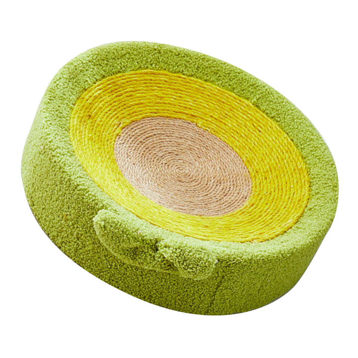 Ein avocado-förmiges Katzenbett mit grünem Äußeren, gelbem und hellbraunem Innenraum.