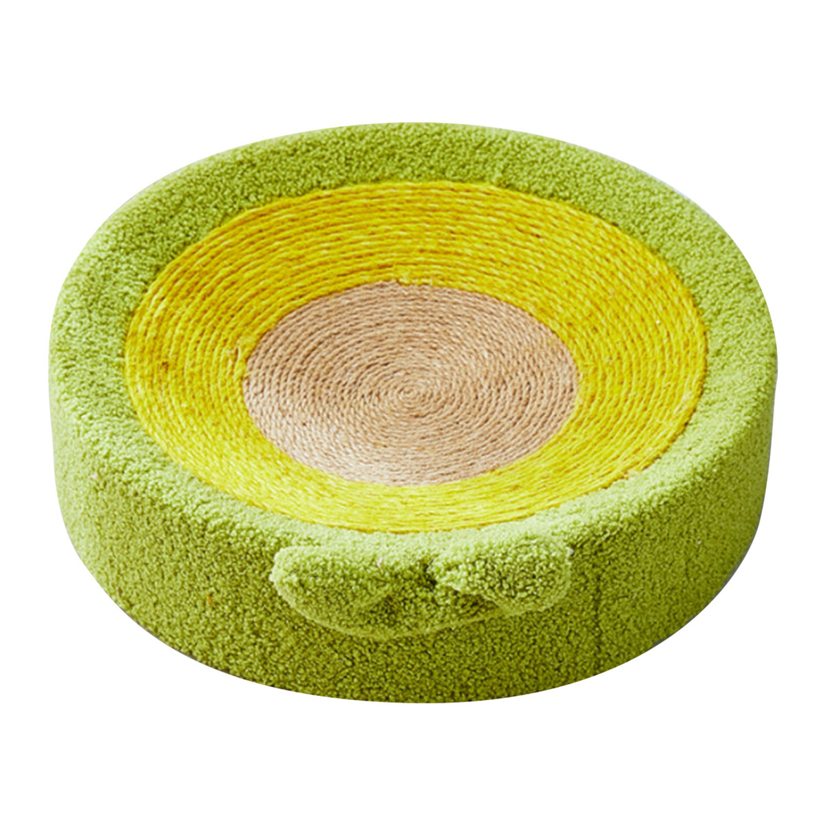 Runder Haustierbett, grüne Außenseite, gelbe und beige Innenseite, avocadoartiges Design.
