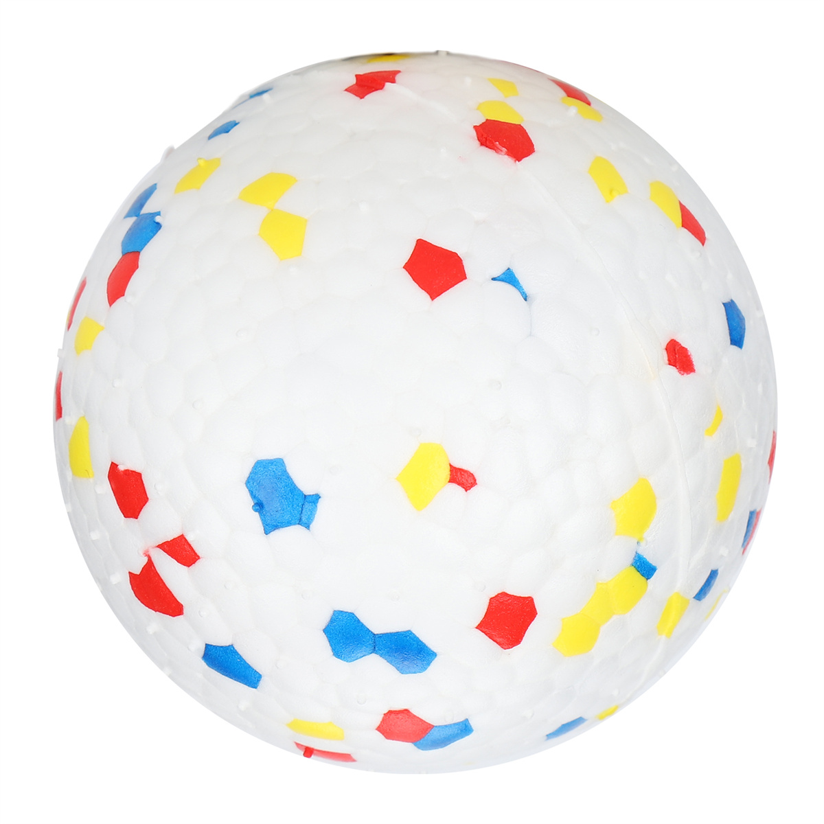 Weißer Ball mit bunten Punkten. Rote, gelbe und blaue Punkte bedecken die weiße Oberfläche.