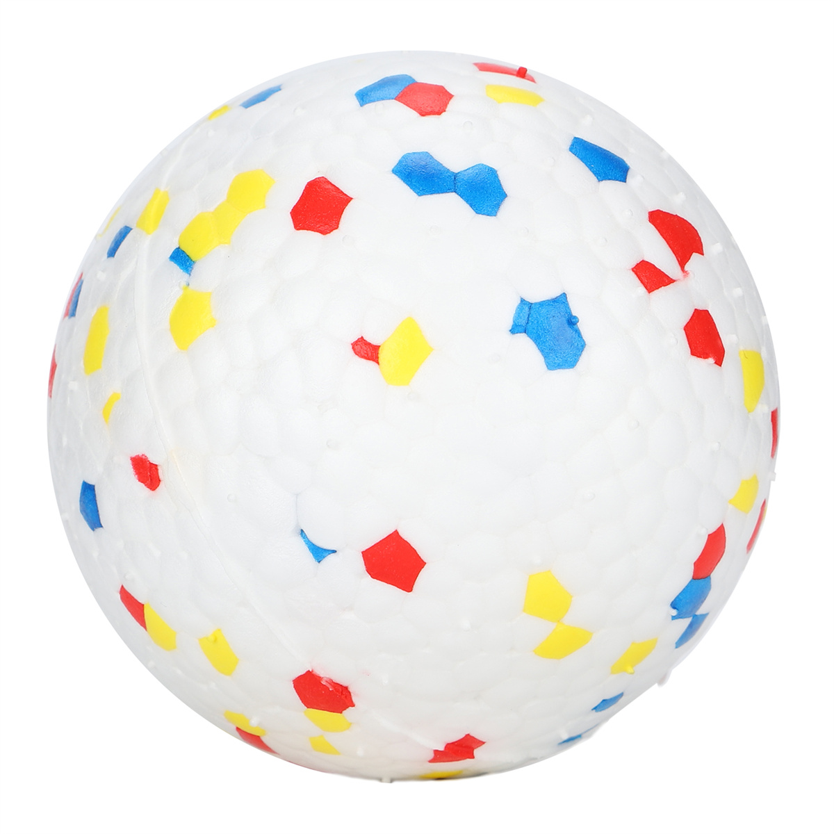 Weißer Ball mit bunten Formen. Rote, gelbe und blaue Muster. Isoliert auf Weiß.