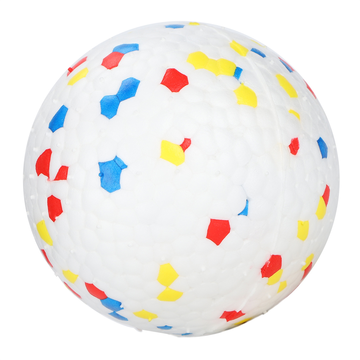 Ein weißer Ball mit bunten Punkten. Punkte sind in Rot, Blau und Gelb. Auf weißem Hintergrund.