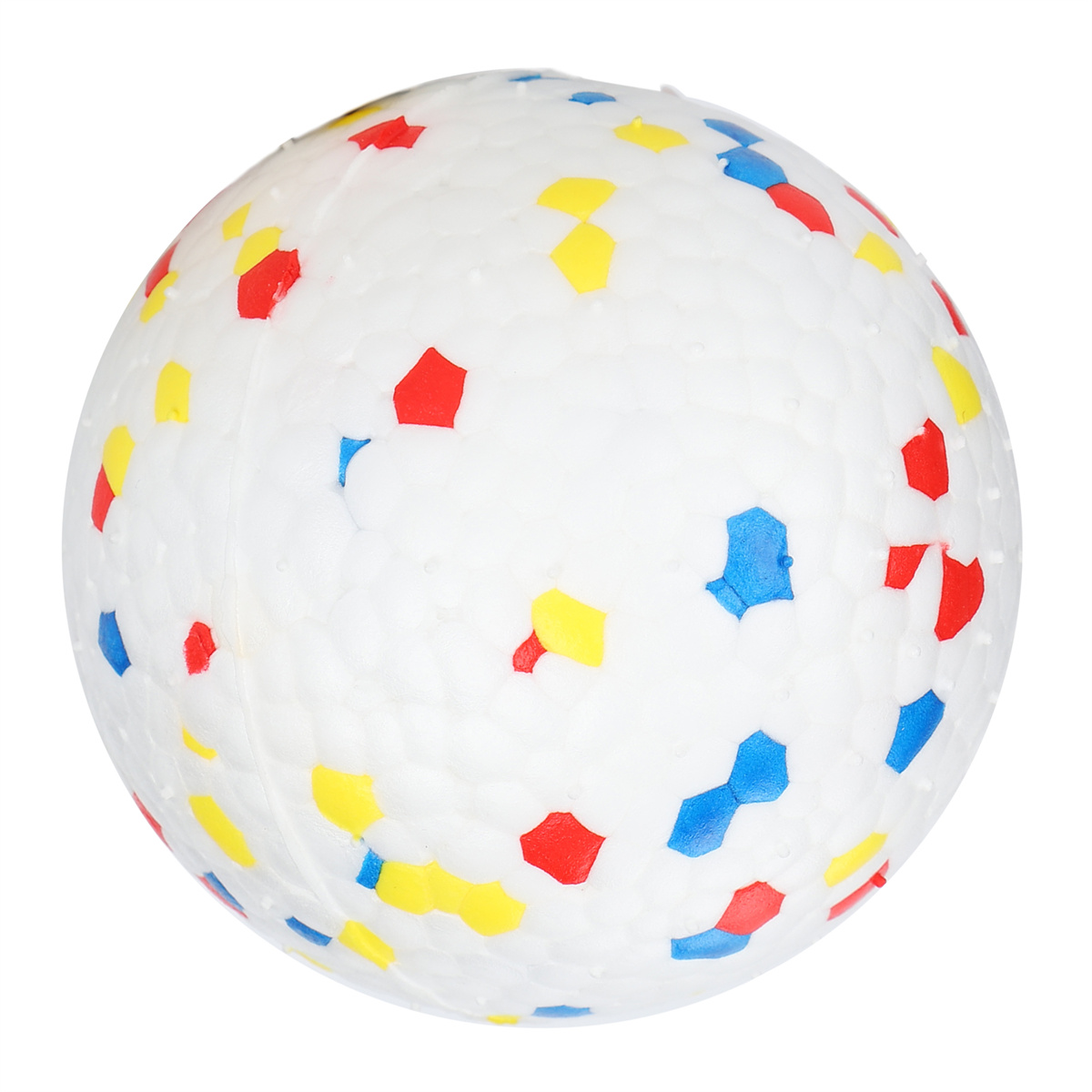 Ein weißer Ball mit roten, gelben und blauen Flecken unterschiedlicher Größe.