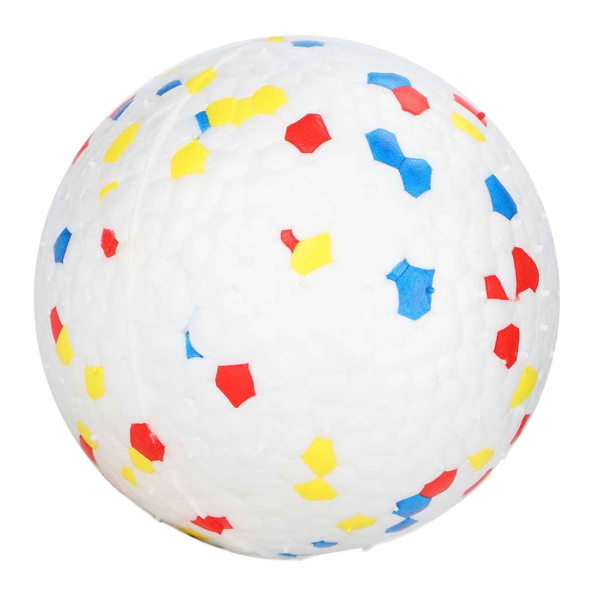 Weißer Ball mit bunten Formen: rot, gelb und blau, auf weißem Hintergrund.