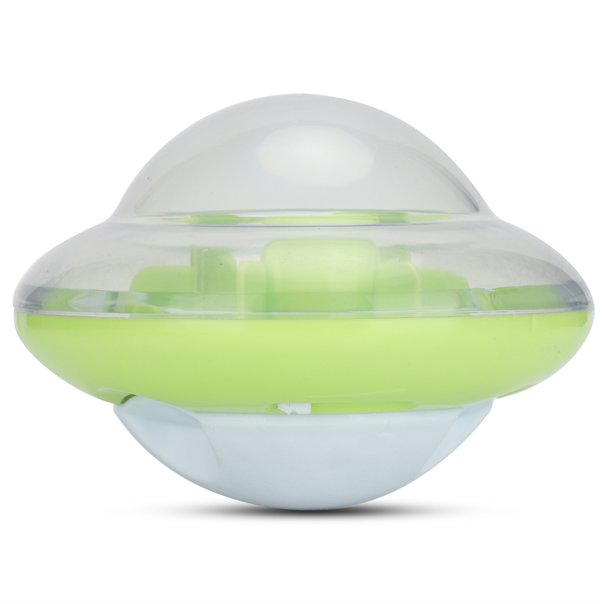 Grünes und klares UFO-förmiges Spielzeug. Es ist auf weißem Untergrund, der Hintergrund ist weiß.