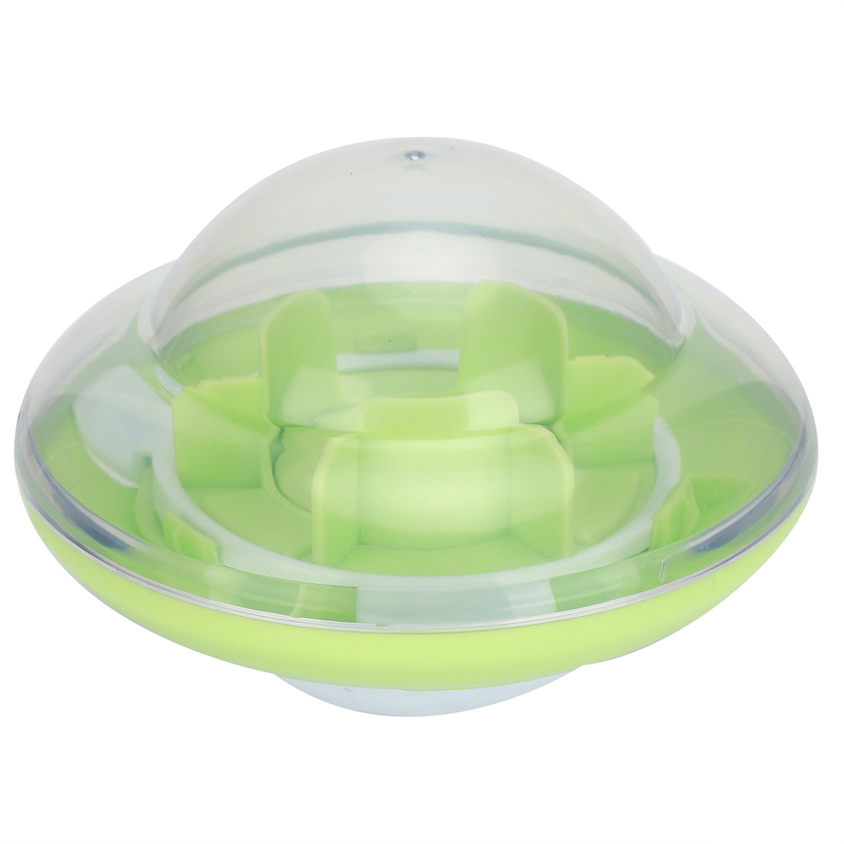 Ein grünes, UFO-förmiges Spielzeug mit einer transparenten Kuppel und einem grünen Innenraum mit Fächern.