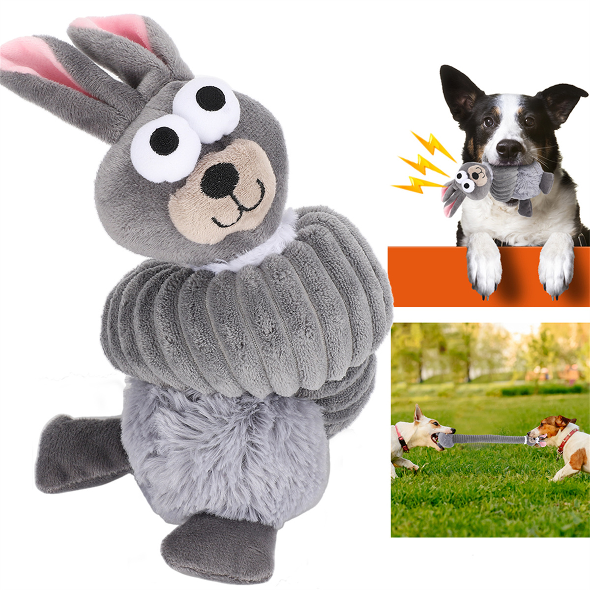 Graues Hasen-Hundespielzeug mit zwei Hunden, die mit einem ähnlichen Spielzeug spielen. Weißer Hintergrund.