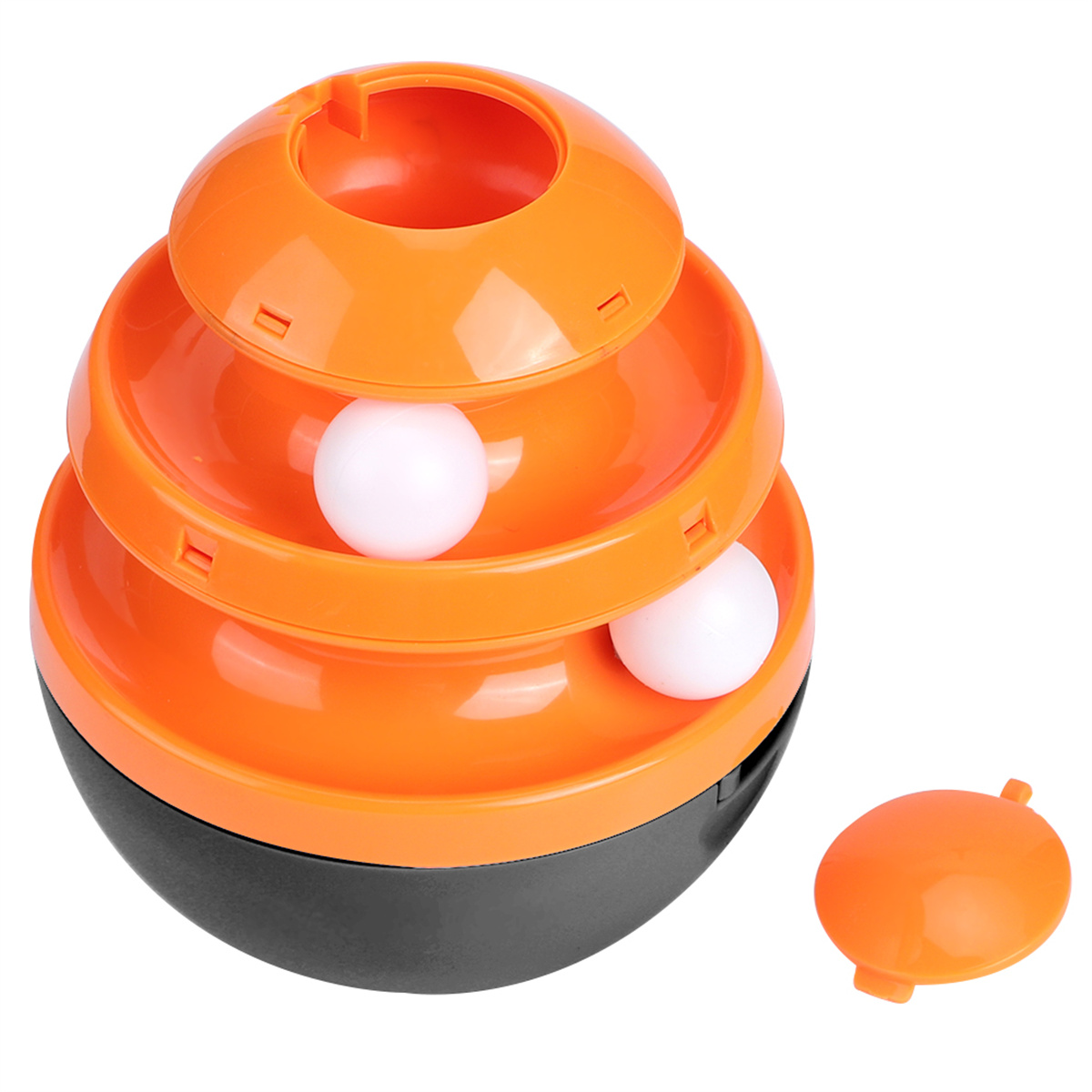 Ein orangefarbenes und schwarzes Spielzeug mit drei Ebenen und weißen Kugeln darin.