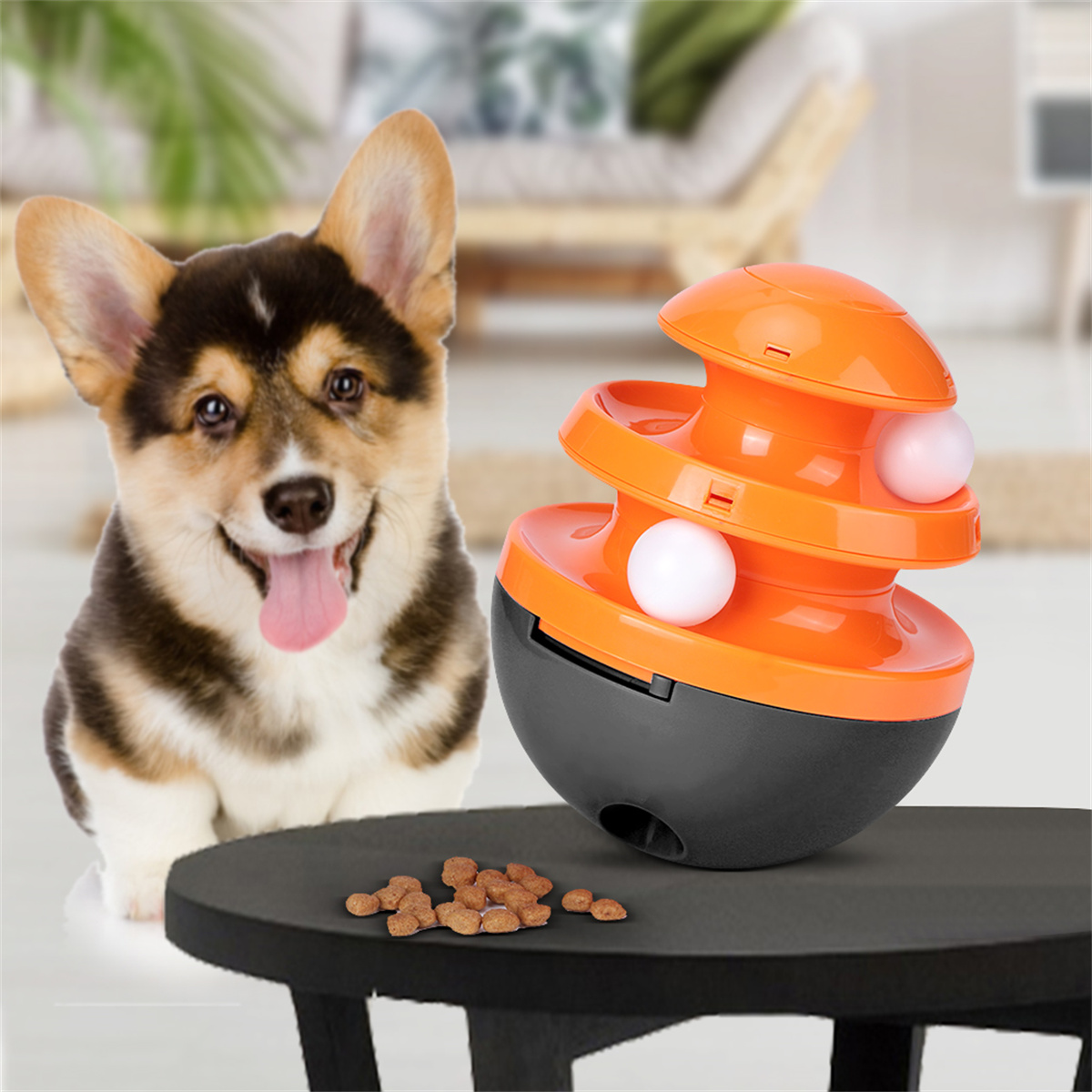 Ein Corgi sitzt in der Nähe eines Spielzeugs mit Futter. Das Spielzeug ist orange und schwarz mit weißen Kugeln.
