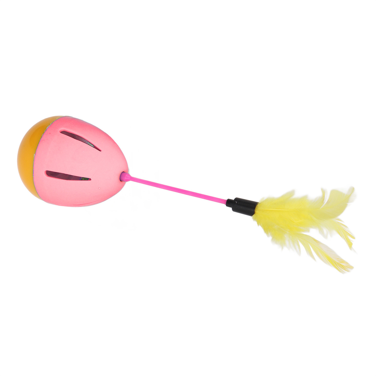 Ein rosa-gelbes Katzenspielzeug mit Federn. Es hat einen rosa Paddel und einen Feder-Schwanz.