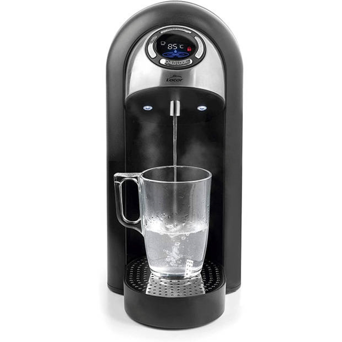 Bollitore nero con tazza di vetro sotto il beccuccio. Il display mostra 85°C.