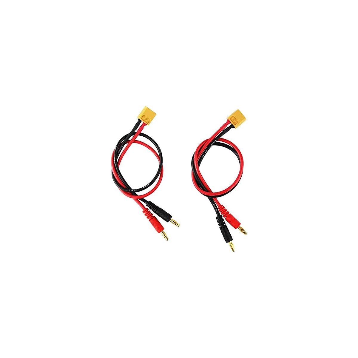 Zwei schwarze und rote Kabel mit Steckern.