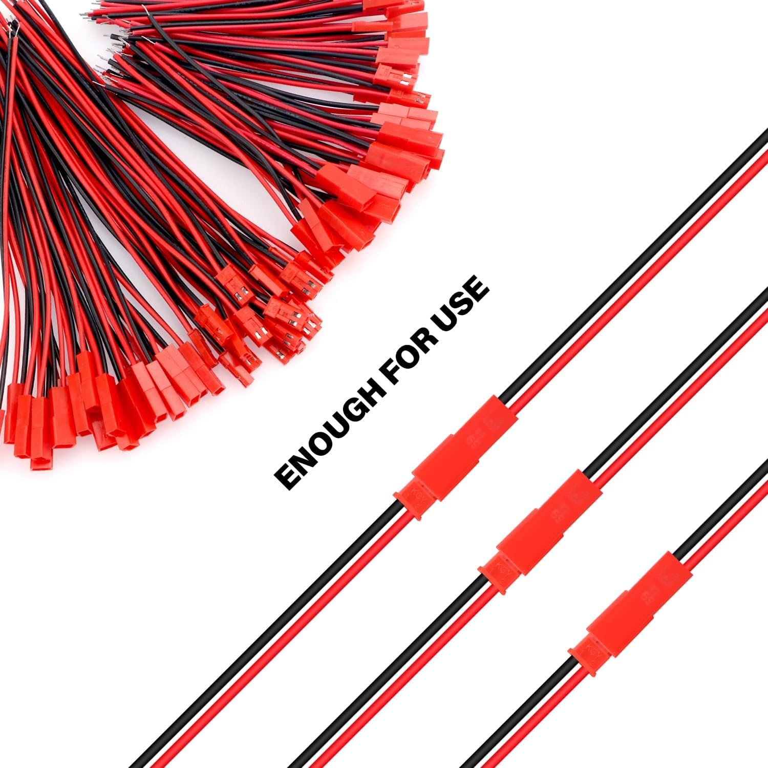 Rote und schwarze Drähte mit Steckern, beschriftet 'ENOUGH FOR USE', vor weißem Hintergrund.