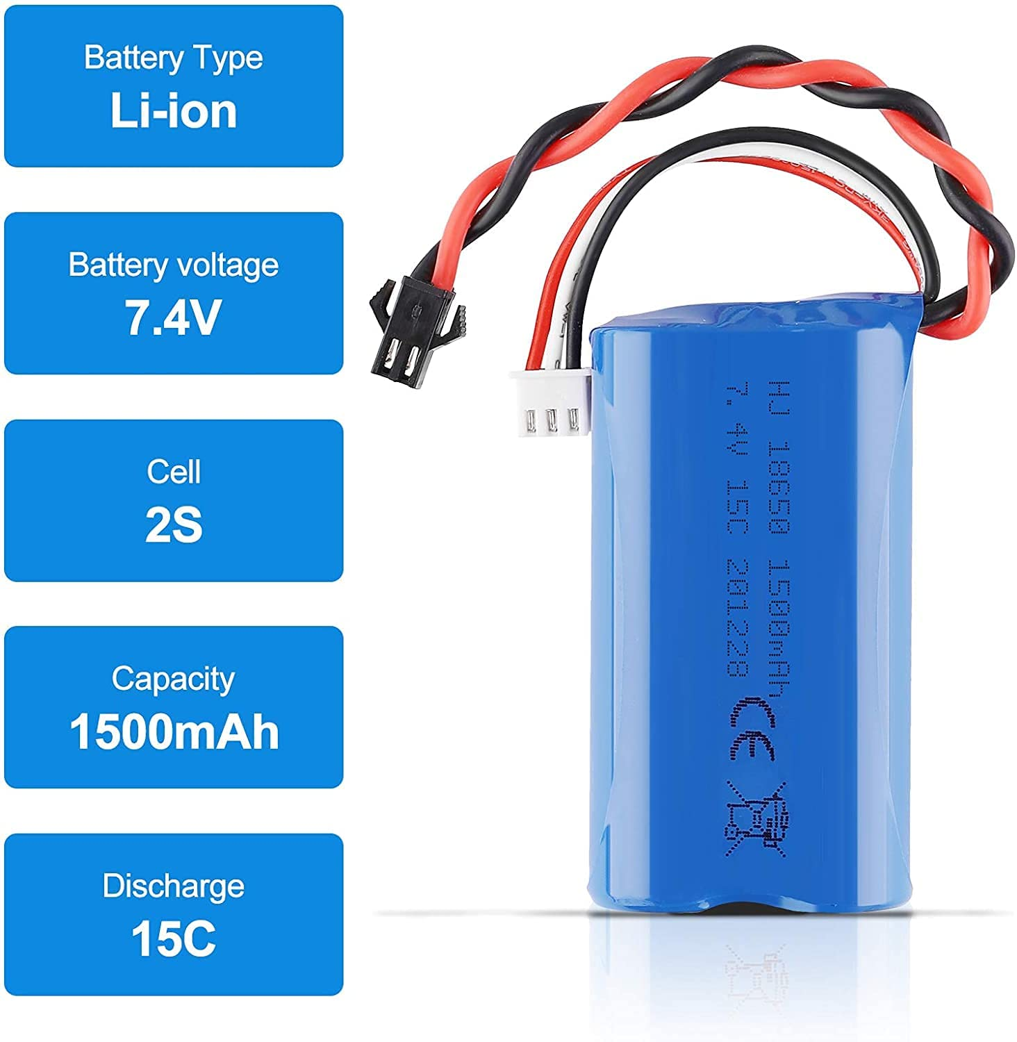 Eine blaue Li-Ionen-Batterie mit Textbeschriftungen. Die Batterie hat rote und schwarze Drähte und einen weißen Stecker.