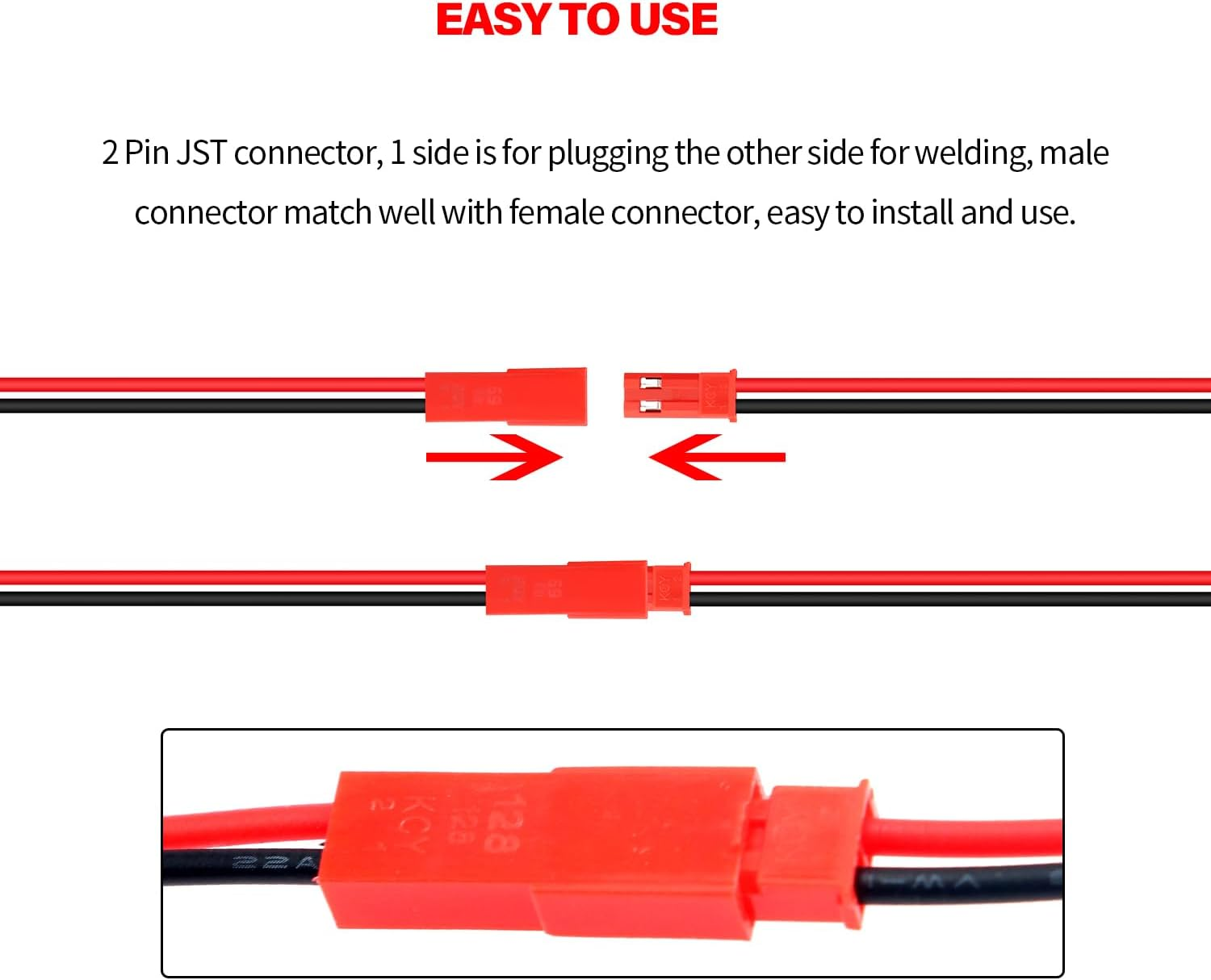Zwei rote Stecker mit schwarzen und roten Drähten, einer in den anderen gesteckt. Text: 'Einfach zu verwenden'.